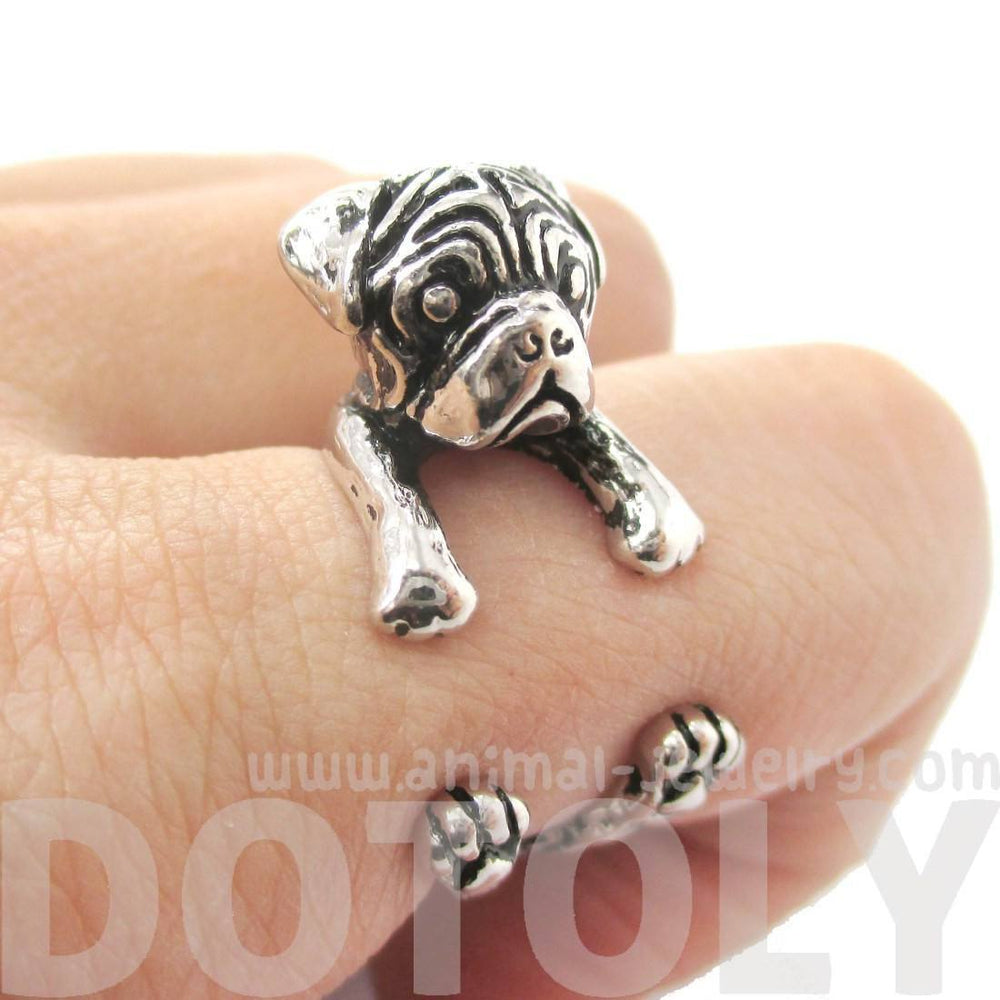 3D Pug Puppy Dog Shaped Animal Wrap Around Ring in Shiny Silver | Sizes 4 to 8.5 | DOTOLY