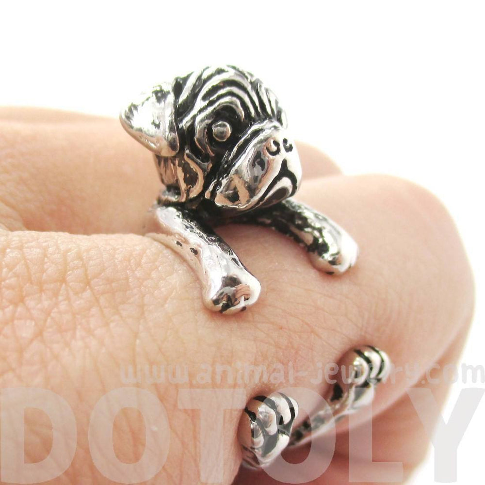 3D Pug Puppy Dog Shaped Animal Wrap Around Ring in Shiny Silver | Sizes 4 to 8.5 | DOTOLY