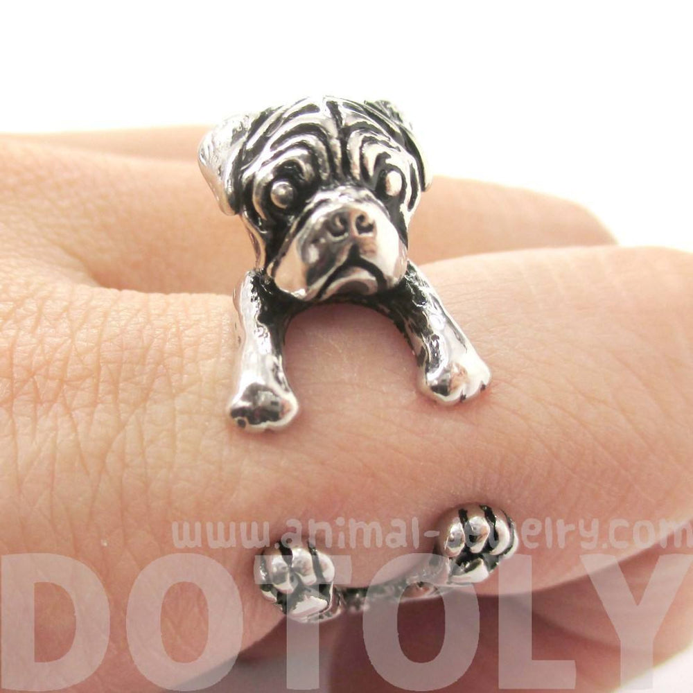 3D Pug Puppy Dog Shaped Animal Wrap Around Ring in Shiny Silver | Sizes 4 to 8.5 | DOTOLY