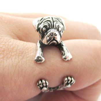 3D Pug Puppy Dog Shaped Animal Wrap Around Ring in Shiny Silver | Sizes 4 to 8.5 | DOTOLY