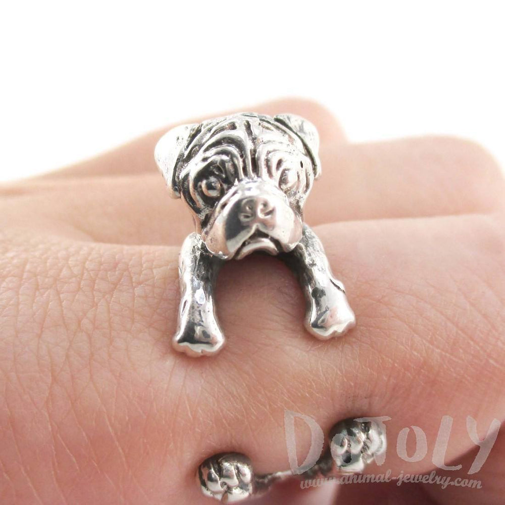 3D Pug Puppy Dog Shaped Animal Wrap Ring in 925 Sterling Silver | Sizes 4 to 8.5 | DOTOLY