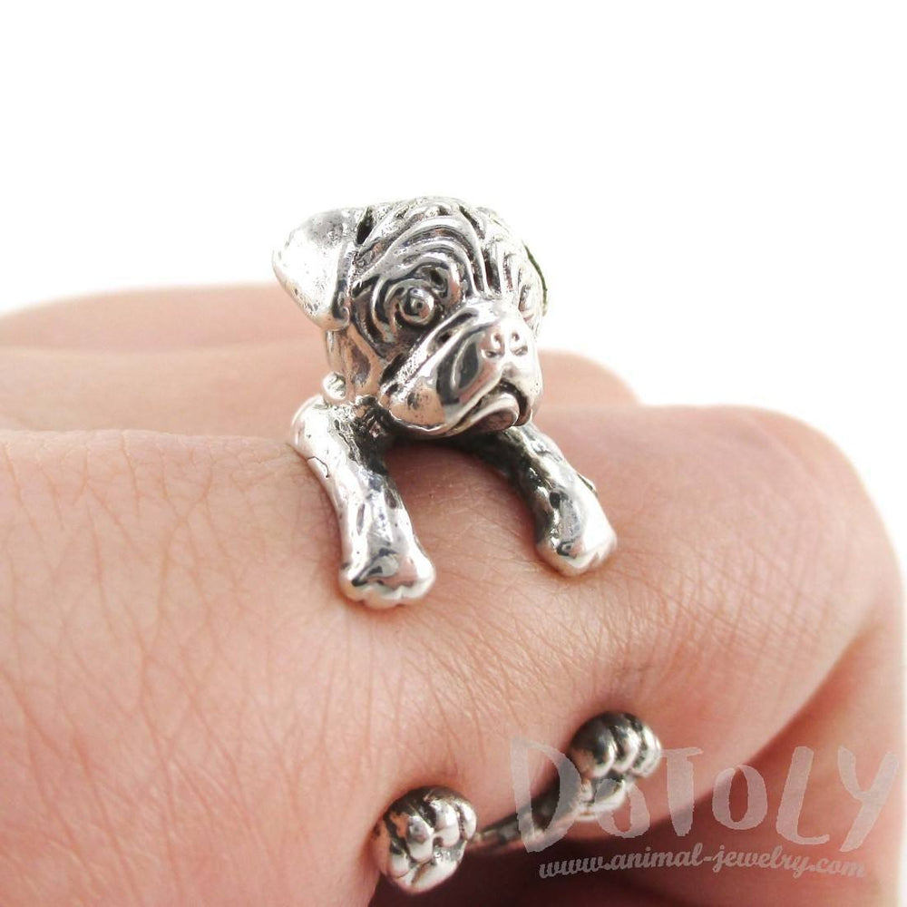 3D Pug Puppy Dog Shaped Animal Wrap Ring in 925 Sterling Silver | Sizes 4 to 8.5 | DOTOLY