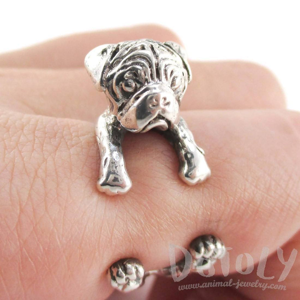 3D Pug Puppy Dog Shaped Animal Wrap Ring in 925 Sterling Silver | Sizes 4 to 8.5 | DOTOLY