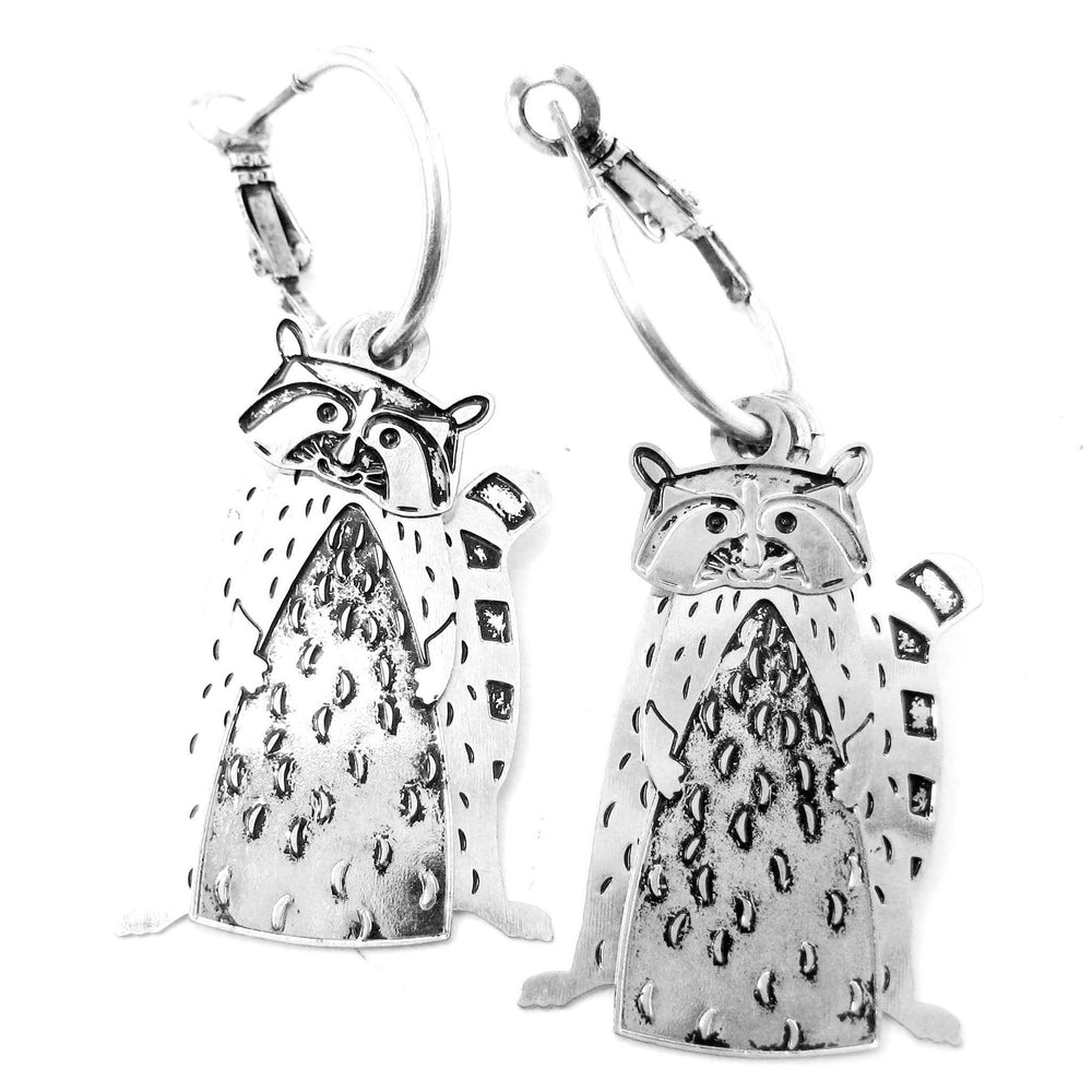 3D Racoon Shaped Animal Dangle Hoop Earrings in Silver | Animal Jewelry | DOTOLY