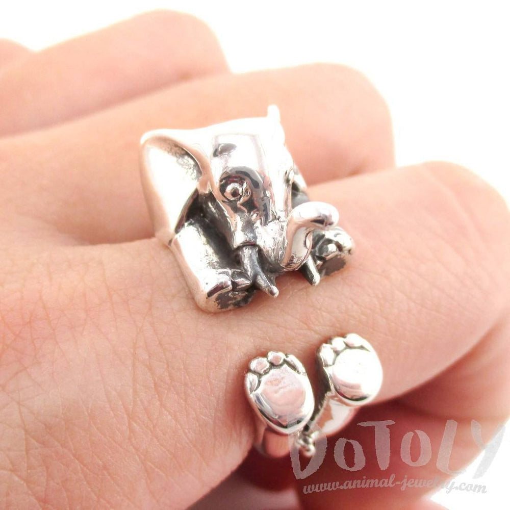 3D Realistic Baby Elephant Animal Wrap Around Ring in 925 Sterling Silver | DOTOLY