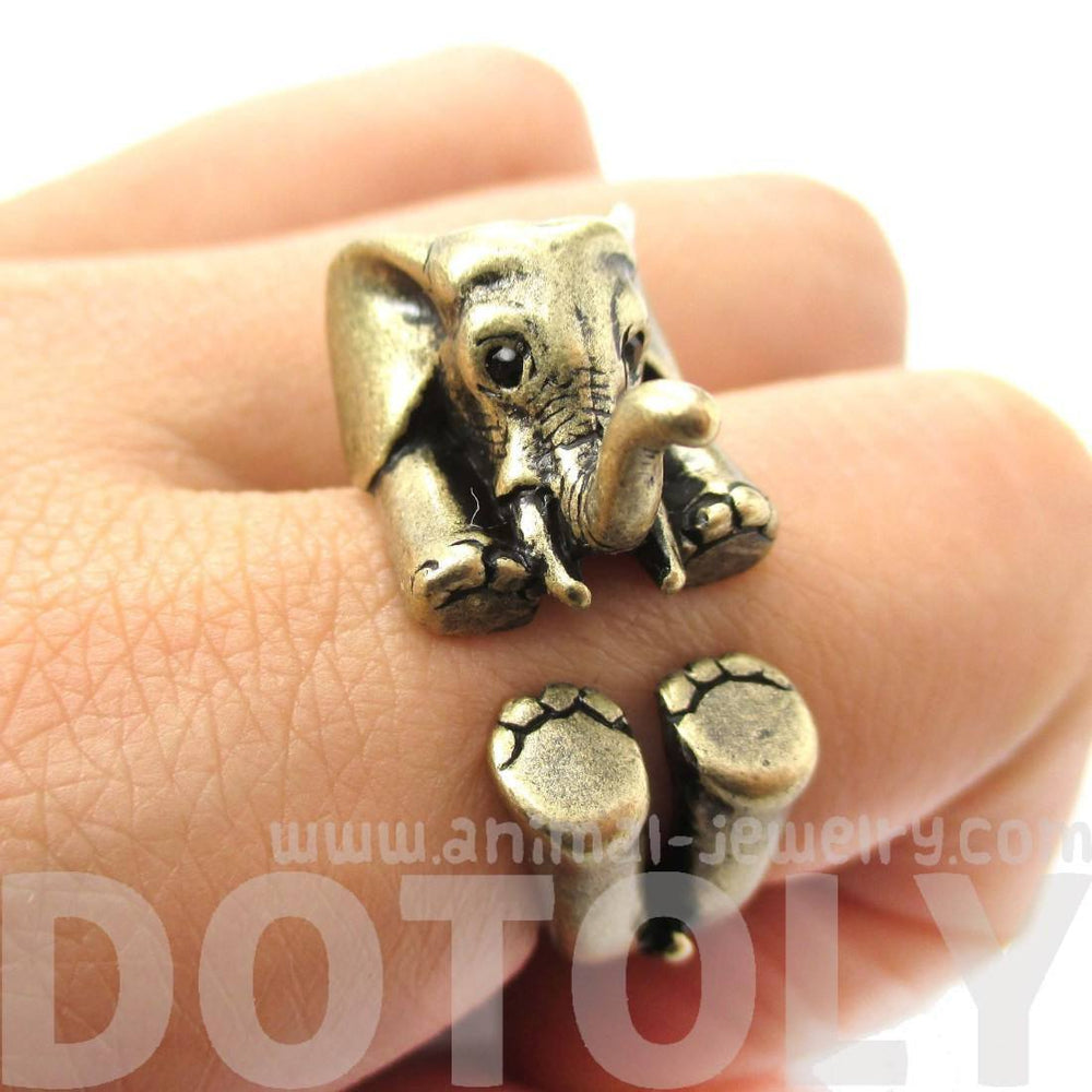 3D Realistic Baby Elephant Animal Wrap Around Ring in Brass | US Sizes 5 to 8.5 | DOTOLY
