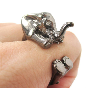 3D Realistic Baby Elephant Animal Wrap Around Ring in Gunmetal Silver | US Sizes 5 to 8.5 | DOTOLY