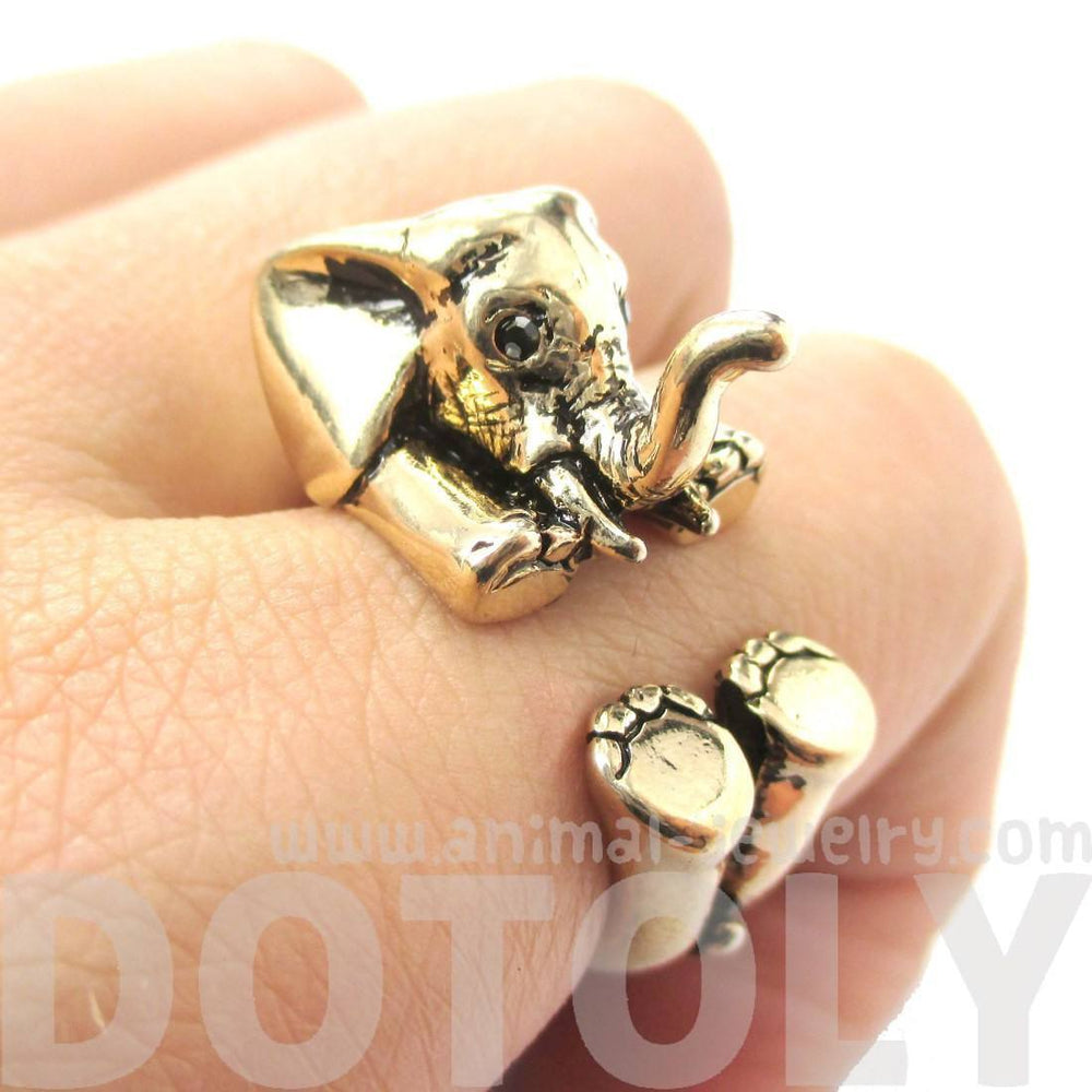 3D Realistic Baby Elephant Animal Wrap Around Ring in Shiny Gold | US Sizes 5 to 8.5 | DOTOLY