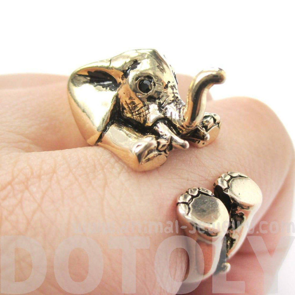 3D Realistic Baby Elephant Animal Wrap Around Ring in Shiny Gold | US Sizes 5 to 8.5 | DOTOLY