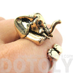 3D Realistic Baby Elephant Animal Wrap Around Ring in Shiny Gold | US Sizes 5 to 8.5 | DOTOLY