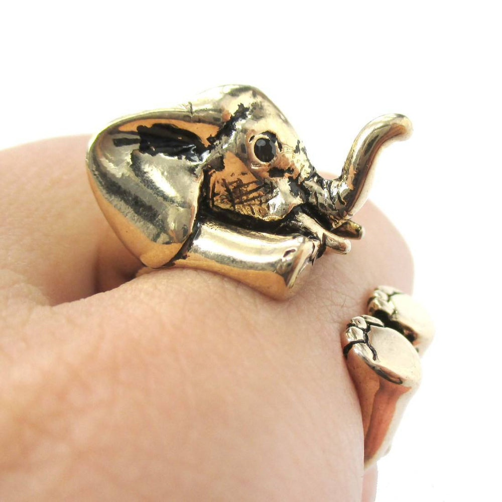 3D Realistic Baby Elephant Animal Wrap Around Ring in Shiny Gold | US Sizes 5 to 8.5 | DOTOLY