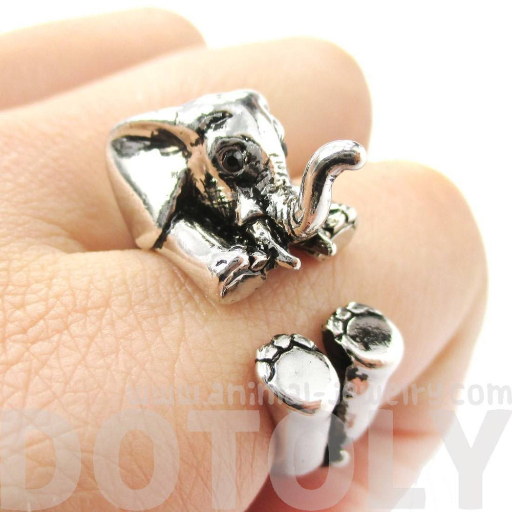3D Realistic Baby Elephant Animal Wrap Around Ring in Shiny Silver | US Sizes 5 to 8.5 | DOTOLY