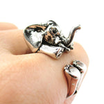 3D Realistic Baby Elephant Animal Wrap Around Ring in Shiny Silver | US Sizes 5 to 8.5 | DOTOLY