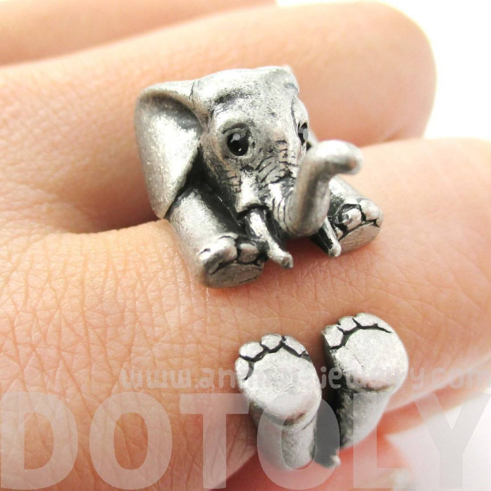 3D Realistic Baby Elephant Animal Wrap Around Ring in Silver | US Sizes 5 to 8.5 | DOTOLY