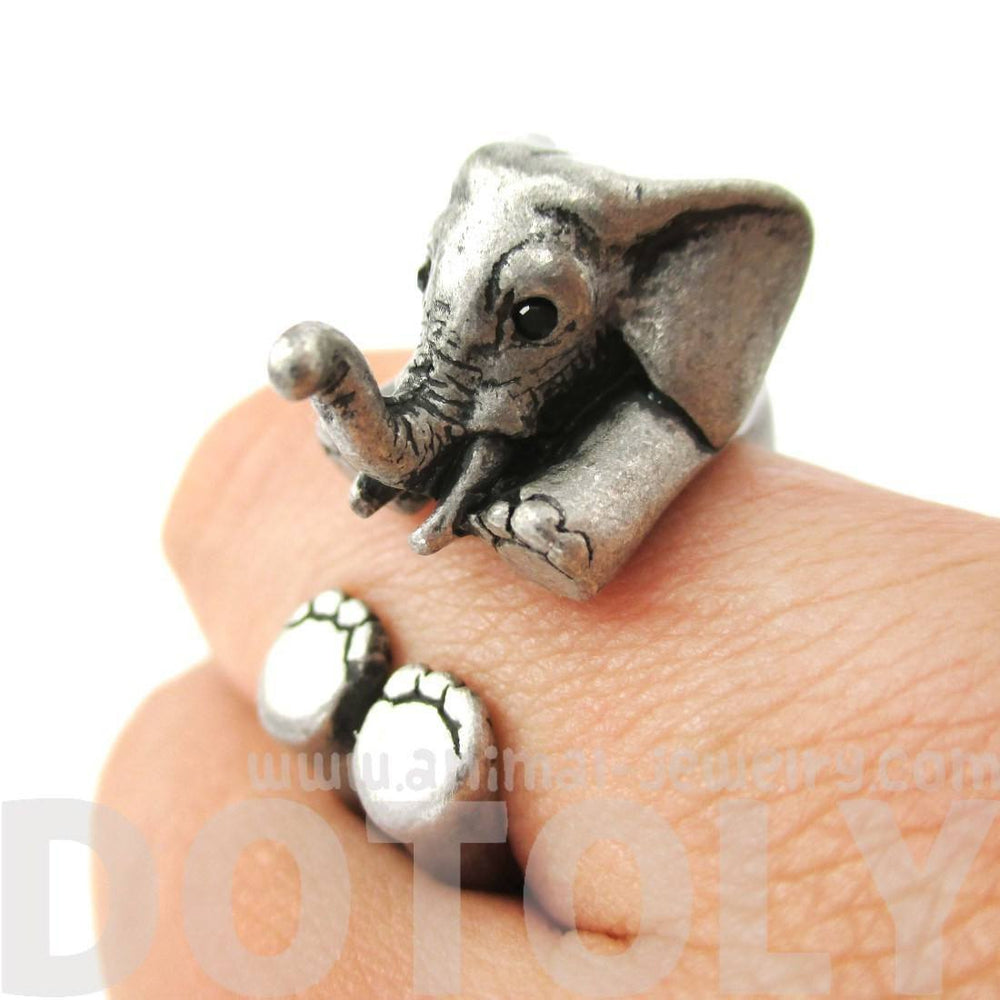 3D Realistic Baby Elephant Animal Wrap Around Ring in Silver | US Sizes 5 to 8.5 | DOTOLY