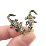 3D Realistic Crocodile Alligator Shaped Stud Earrings in Brass with Rhinestones | DOTOLY