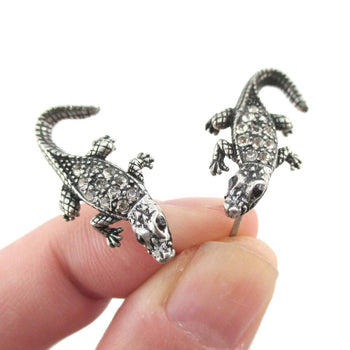 3D Realistic Crocodile Alligator Shaped Stud Earrings in Silver with Rhinestones | DOTOLY