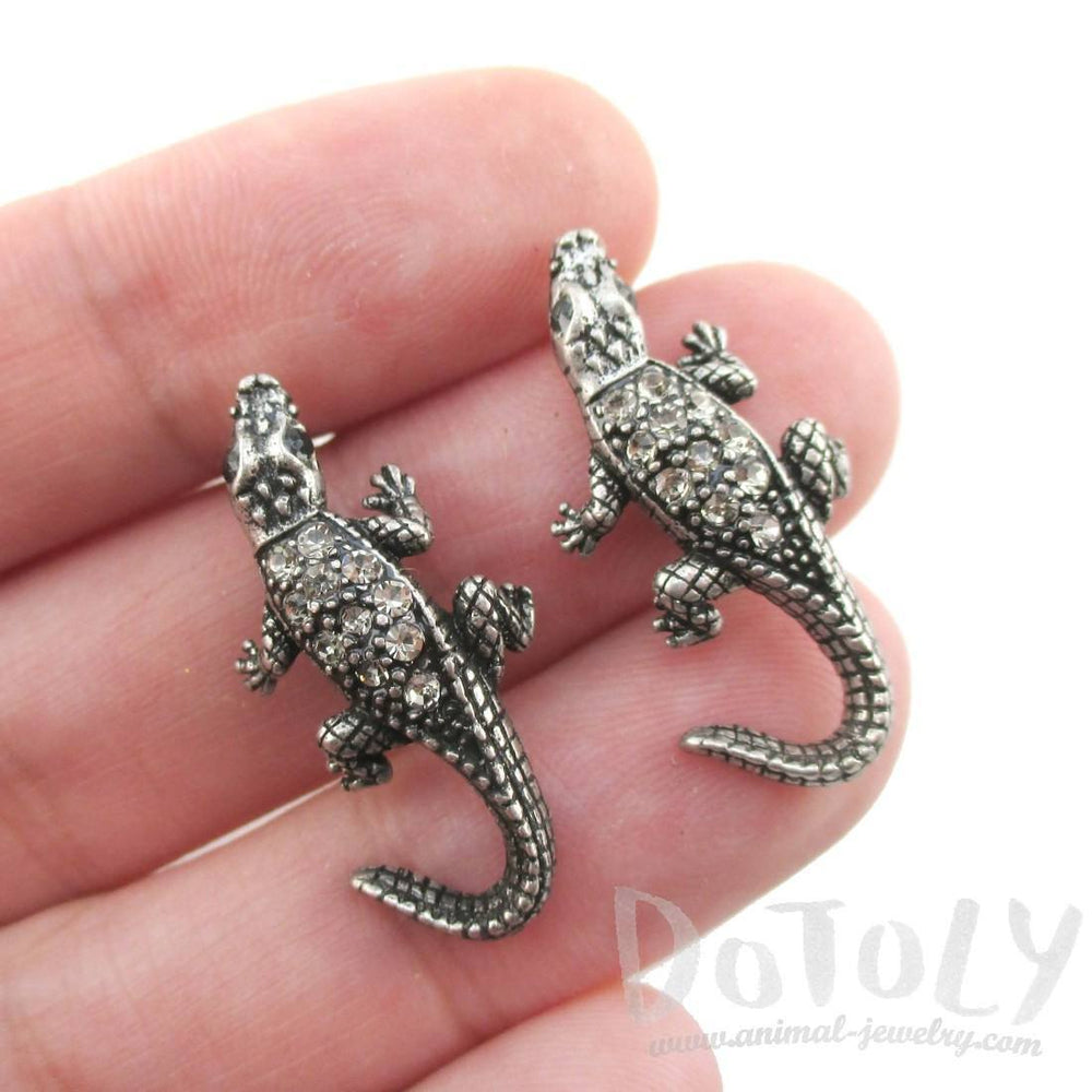 3D Realistic Crocodile Alligator Shaped Stud Earrings in Silver with Rhinestones | DOTOLY