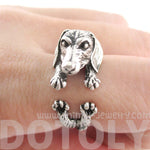 3D Realistic Dachshund Puppy Sausage Dog Shaped Animal Wrap Ring in Silver | US Sizes 5 to 8 | DOTOLY