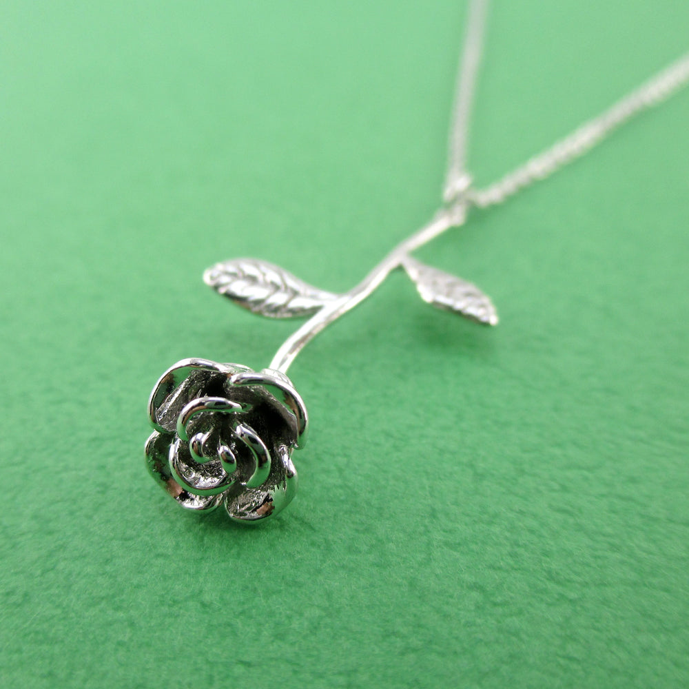 3D Realistic Floral Miniature Rose Shaped Pendant Necklace in Silver