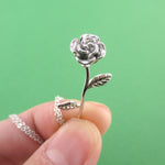 3D Realistic Floral Miniature Rose Shaped Pendant Necklace in Silver