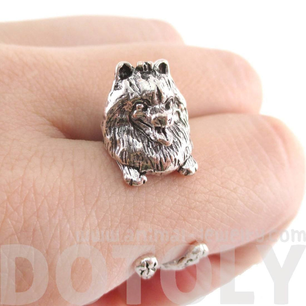 3D Realistic Pomeranian Puppy Dog Shaped Animal Wrap Ring in Silver | US Sizes 4 to 8 | DOTOLY