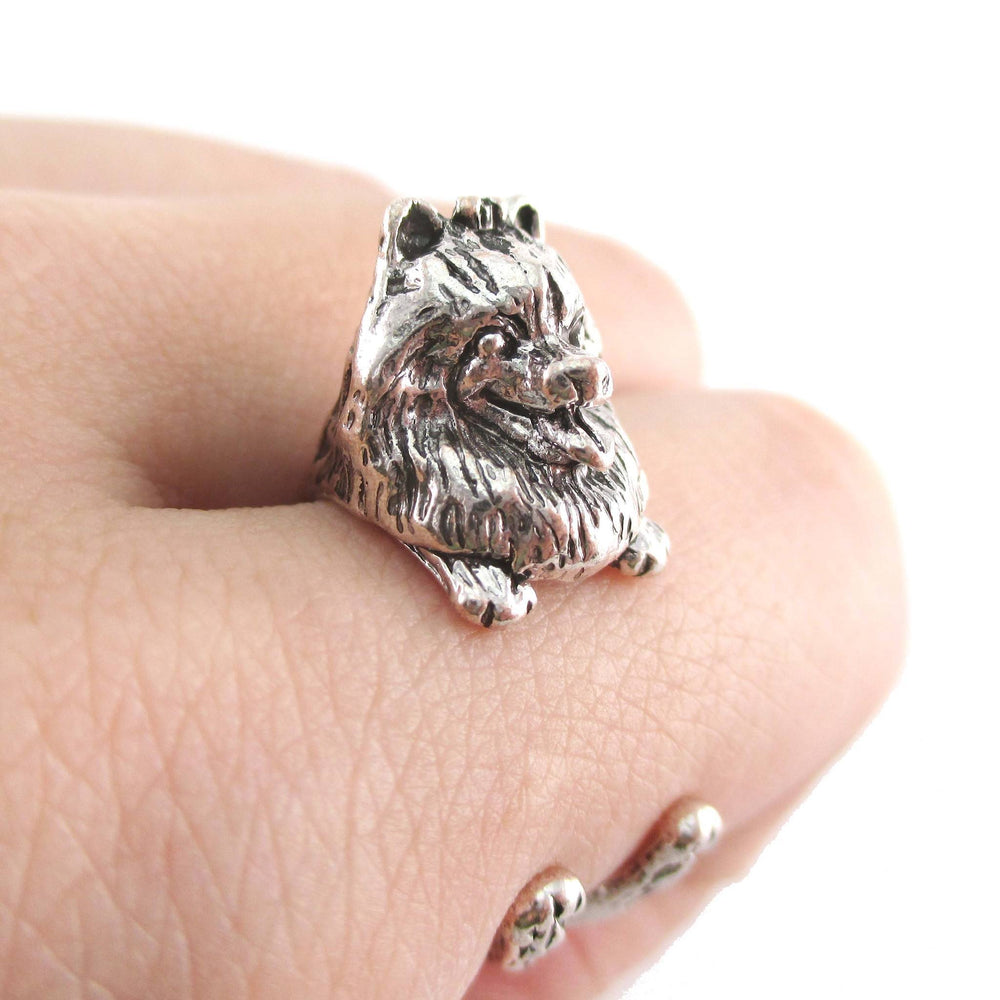 3D Realistic Pomeranian Puppy Dog Shaped Animal Wrap Ring in Silver | US Sizes 4 to 8 | DOTOLY