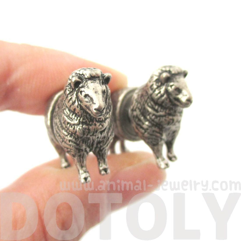 3D Realistic Sheep Shaped Two Part Front Back Stud Earrings in Silver | DOTOLY | DOTOLY