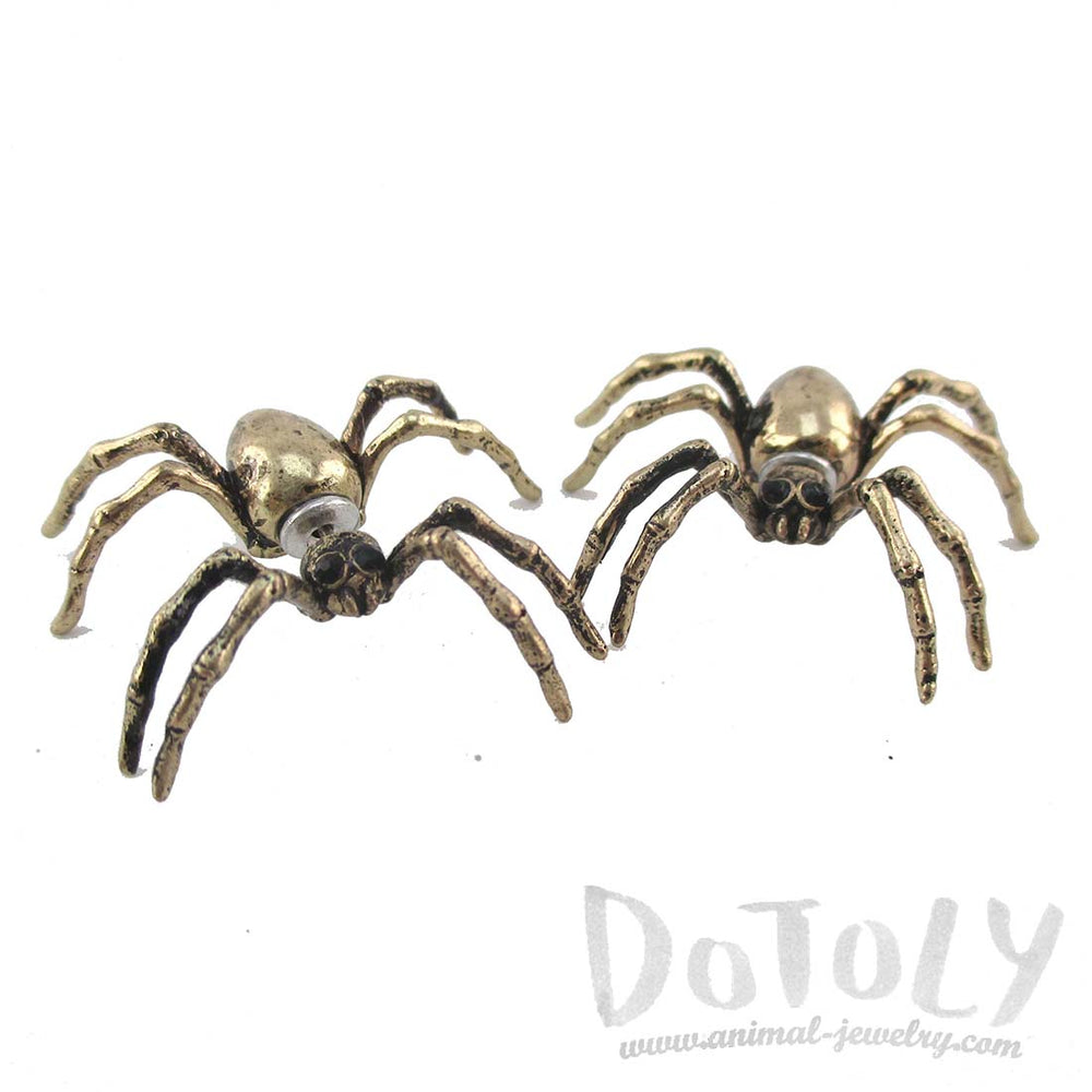3D Spider Tarantula Bug Shaped Front and Back Stud Earrings in Brass