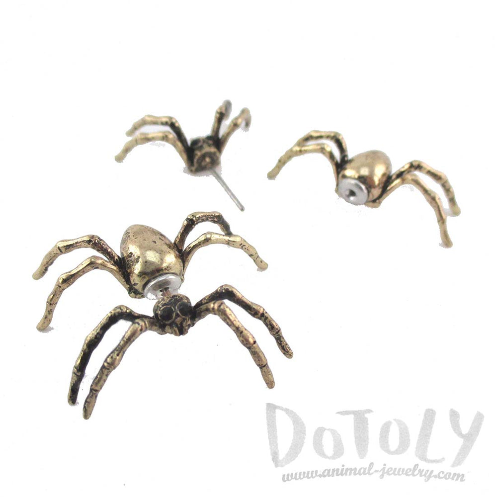 3D Spider Tarantula Bug Shaped Front and Back Stud Earrings in Brass
