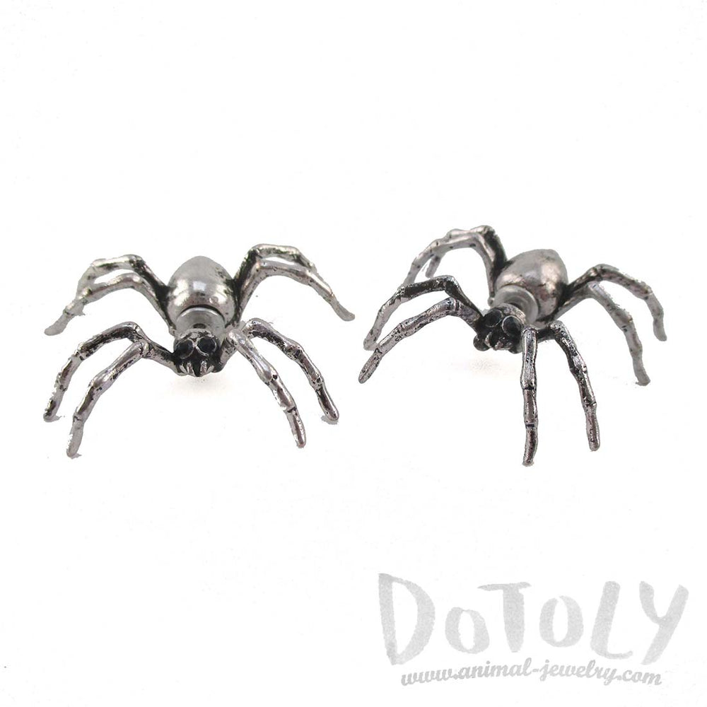 3D Spider Tarantulas Bug Shaped Front and Back Stud Earrings in Silver