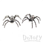 3D Spider Tarantulas Bug Shaped Front and Back Stud Earrings in Silver