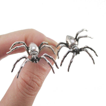3D Spider Tarantulas Bug Shaped Front and Back Stud Earrings in Silver