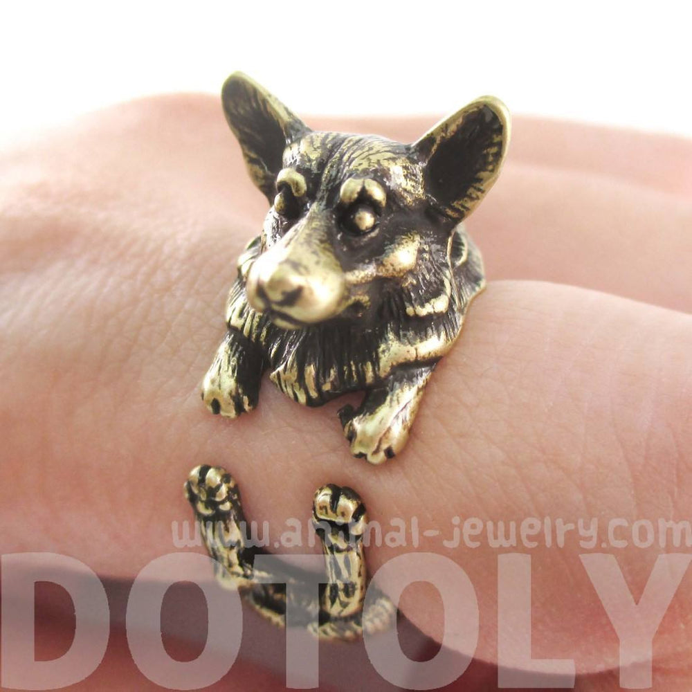 3D Realistic Welsh Corgi Puppy Dog Shaped Animal Wrap Ring in Brass | US Sizes 6 to 9 | DOTOLY