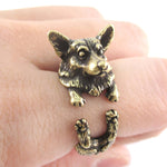 3D Realistic Welsh Corgi Puppy Dog Shaped Animal Wrap Ring in Brass | US Sizes 6 to 9 | DOTOLY