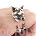 3D Realistic Welsh Corgi Puppy Dog Shaped Animal Wrap Ring in Silver | US Sizes 6 to 9 | DOTOLY