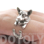 3D Realistic Welsh Corgi Puppy Dog Shaped Animal Wrap Ring in Silver | US Sizes 6 to 9 | DOTOLY