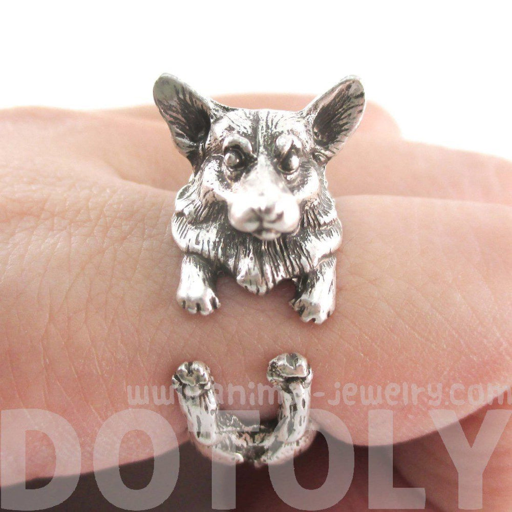 3D Realistic Welsh Corgi Puppy Dog Shaped Animal Wrap Ring in Silver | US Sizes 6 to 9 | DOTOLY