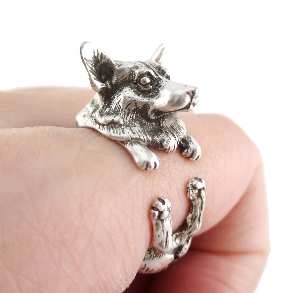 3D Realistic Welsh Corgi Puppy Dog Shaped Animal Wrap Ring in Silver | US Sizes 6 to 9 | DOTOLY