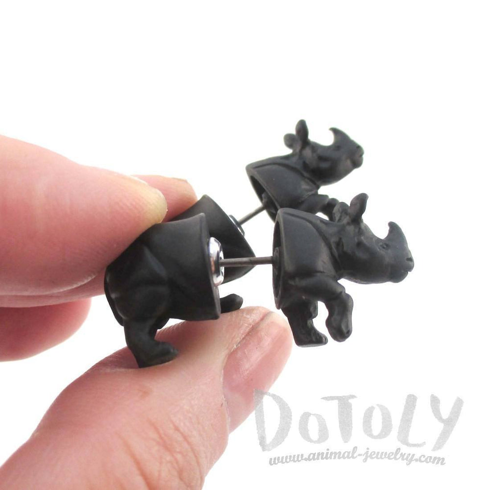 3D Rhinoceros Rhino Shaped Front and Back Stud Earrings in Black