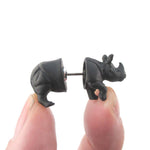 3D Rhinoceros Rhino Shaped Front and Back Stud Earrings in Black
