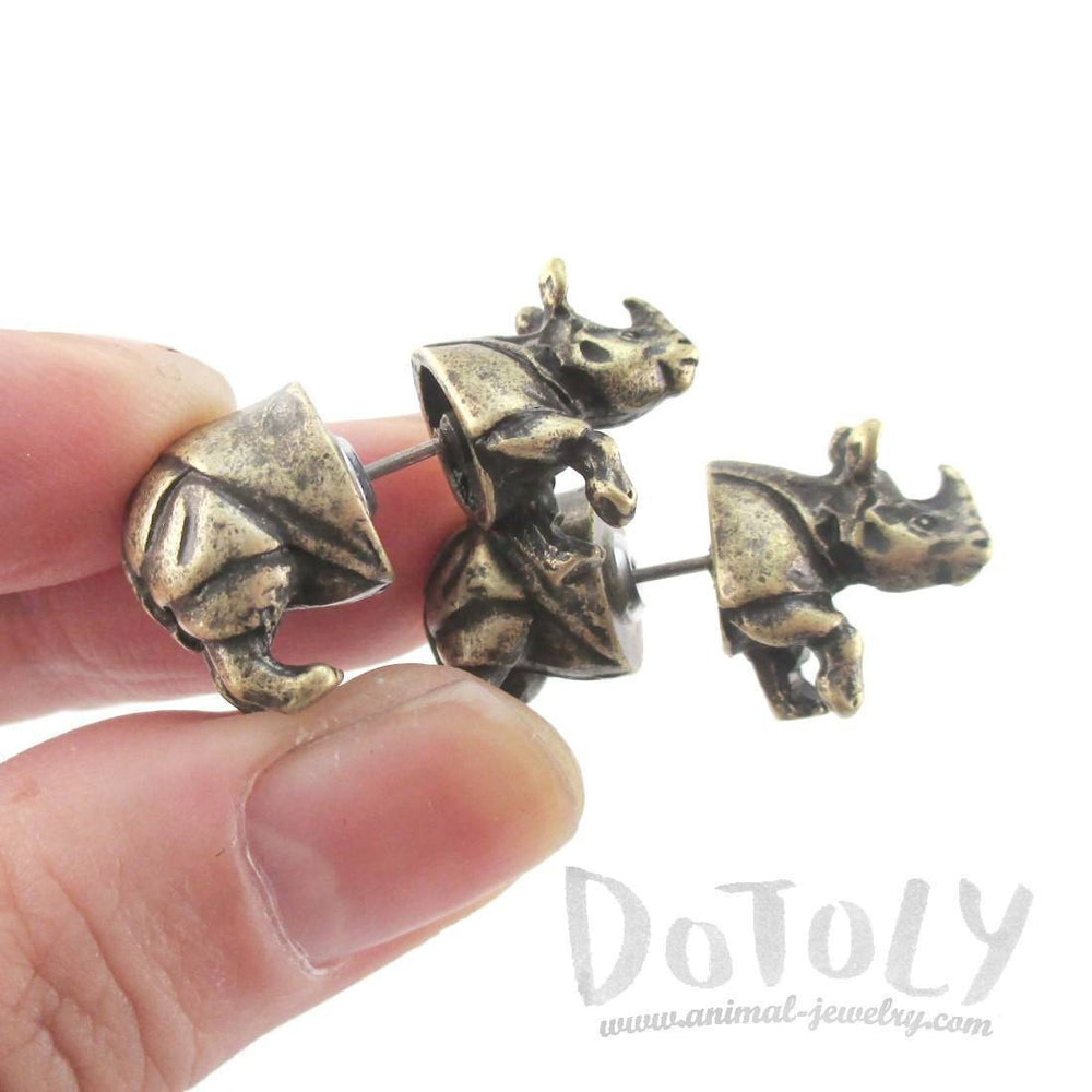 3D Rhinoceros Rhino Shaped Front and Back Stud Earrings in Brass