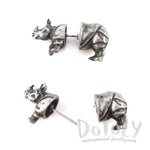 3D Rhinoceros Rhino Shaped Front and Back Stud Earrings in Silver