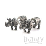 3D Rhinoceros Rhino Shaped Front and Back Stud Earrings in Silver