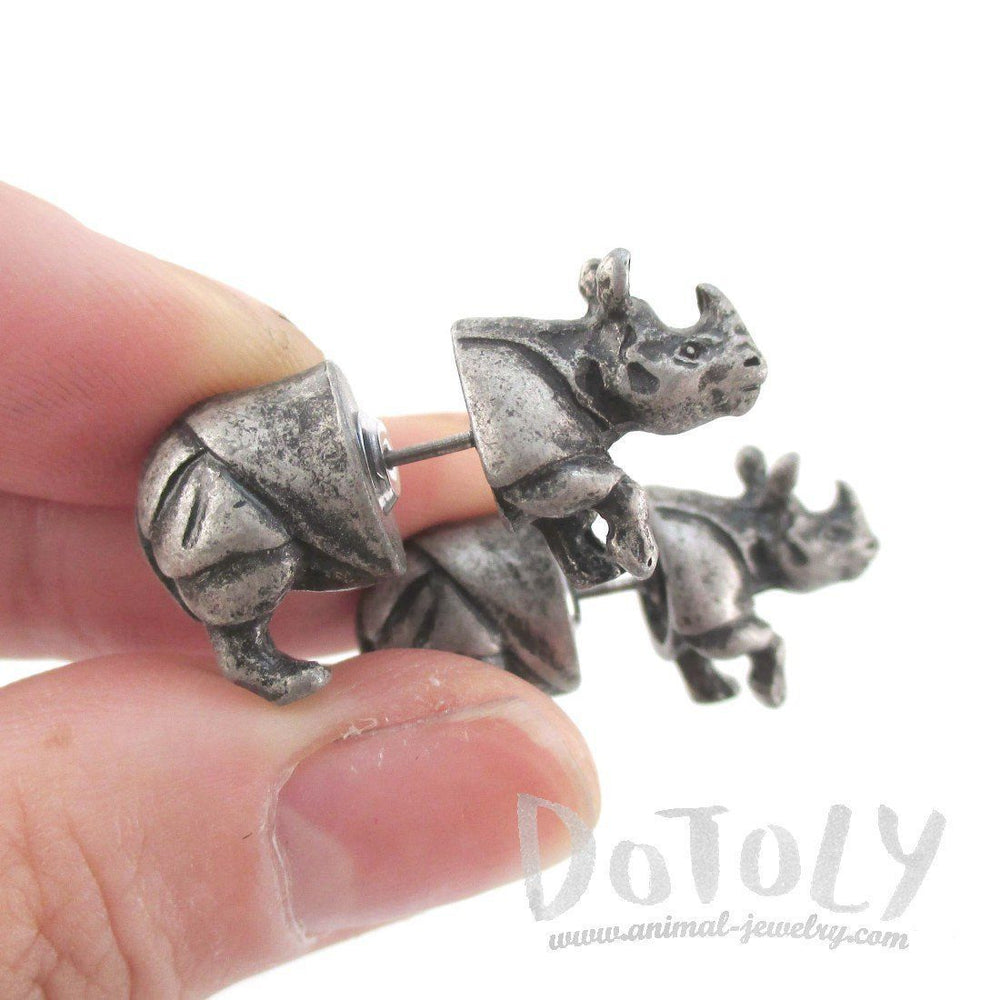 3D Rhinoceros Rhino Shaped Front and Back Stud Earrings in Silver