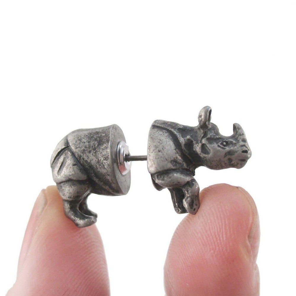 3D Rhinoceros Rhino Shaped Front and Back Stud Earrings in Silver