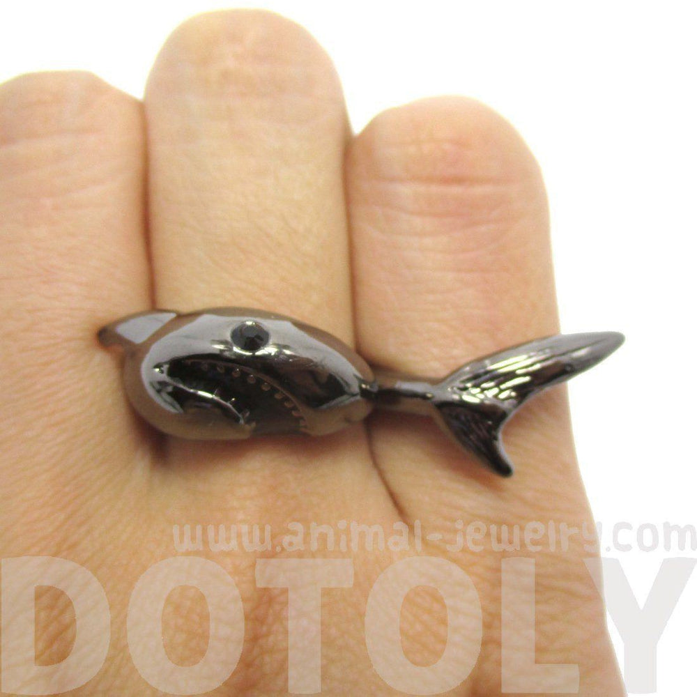 3D Shark Shaped Sea Animal Wrap Around Ring in Gunmetal Silver | DOTOLY | DOTOLY