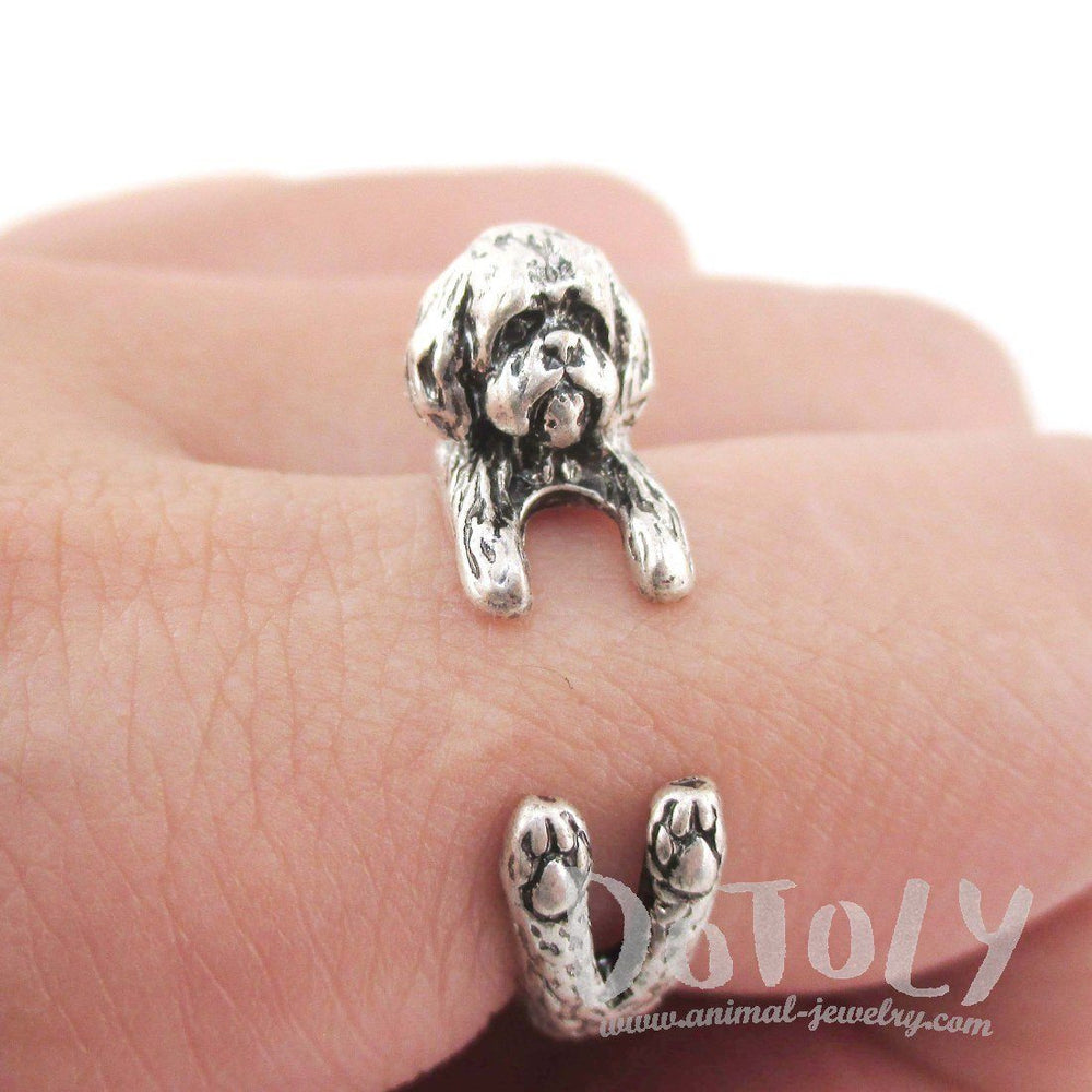 3D Shih Tzu Dog Shaped Animal Wrap Ring in Silver | Animal Jewelry