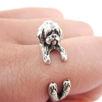 3D Shih Tzu Dog Shaped Animal Wrap Ring in Silver | Animal Jewelry