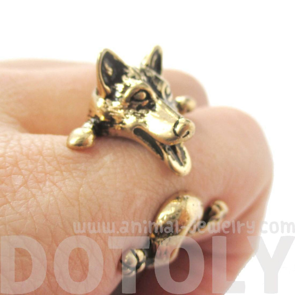 3D Siberian Husky Dog Shaped Animal Wrap Ring in Shiny Gold | Sizes 6 to 9 | DOTOLY